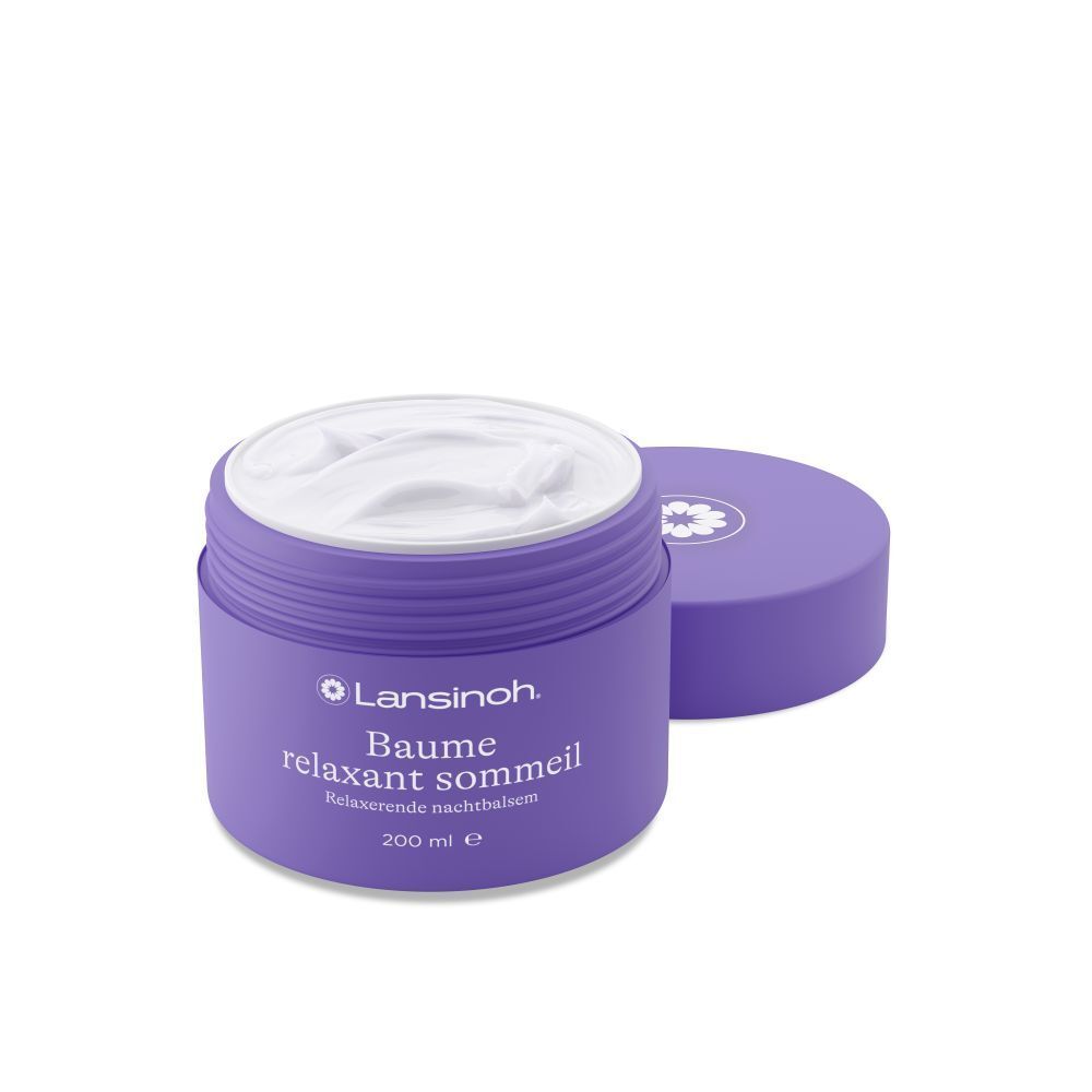 Lila Tiegel mit geöffnetem Deckel. Weißes Produkt sichtbar. Text: Lansinoh, Baume relaxant sommeil, 200 ml.