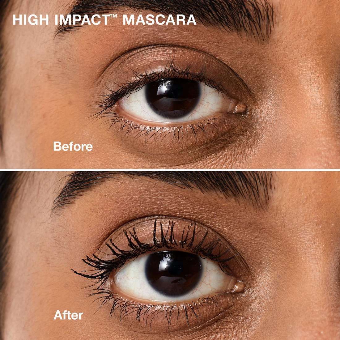 Vergleich von Wimpern vor und nach dem Auftragen von Mascara. Augenpartie mit Text.