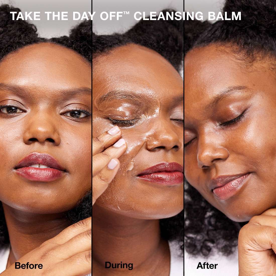 Drei Bilder zeigen die Anwendung eines Reinigungsbalsams. Gesicht mit Text.