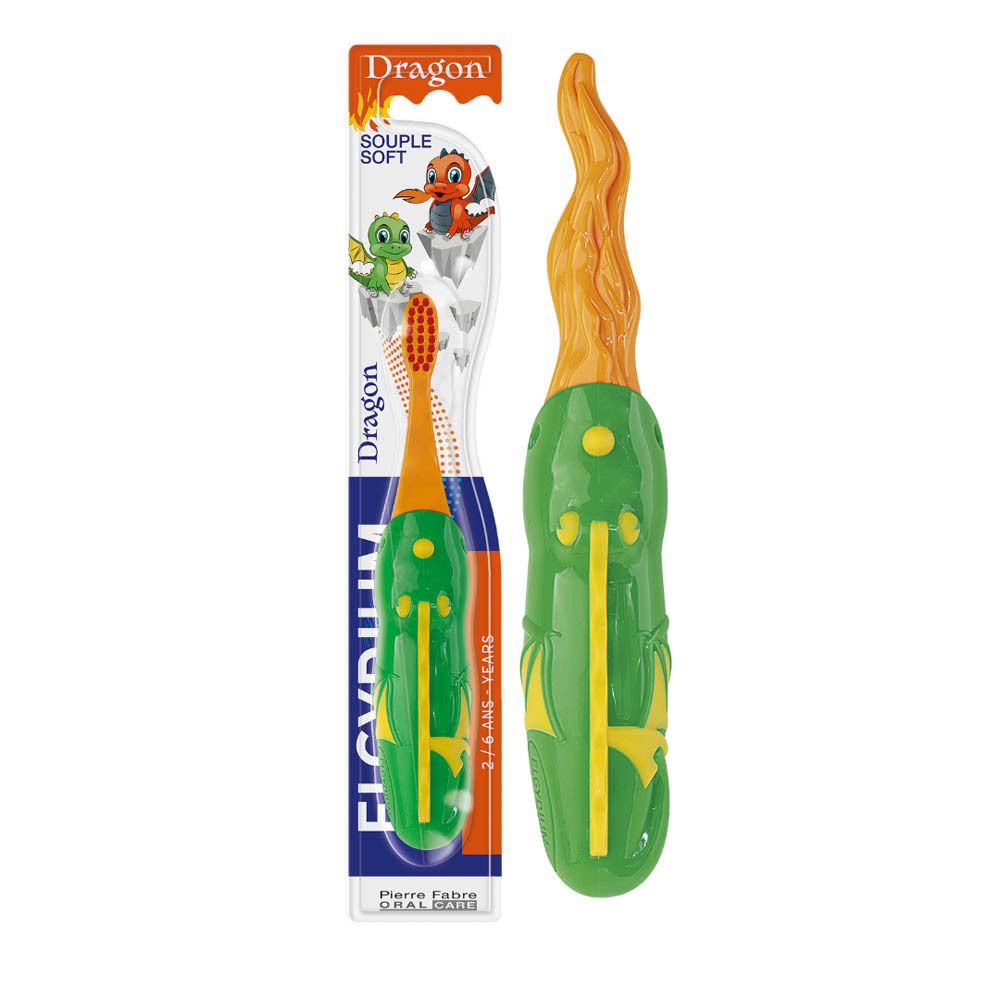 Brosse à dents et emballage. Brosse orange avec motif dragon. Soie souple. Nom et âge.