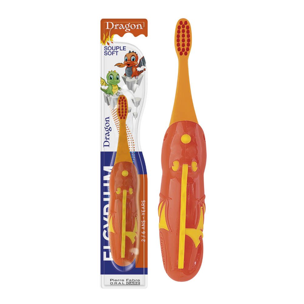 Brosse à dents et support. Brosse orange avec motif dragon. Support rouge et jaune. Sans emballage.