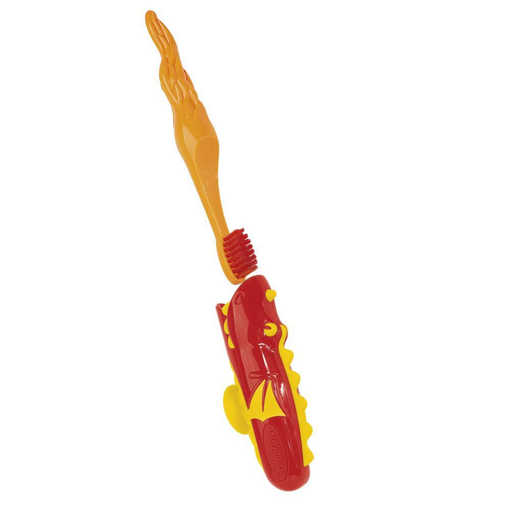 Brosse à dents et support de brosse à dents. Brosse orange, support rouge et jaune. Motif dragon.