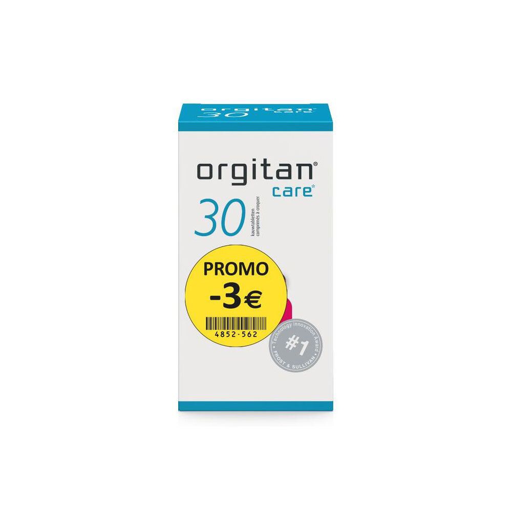 Boîte de 30 comprimés Orgitan Care. Blanche, bleue et jaune. Avec autocollant promo -3€ et certification #1.