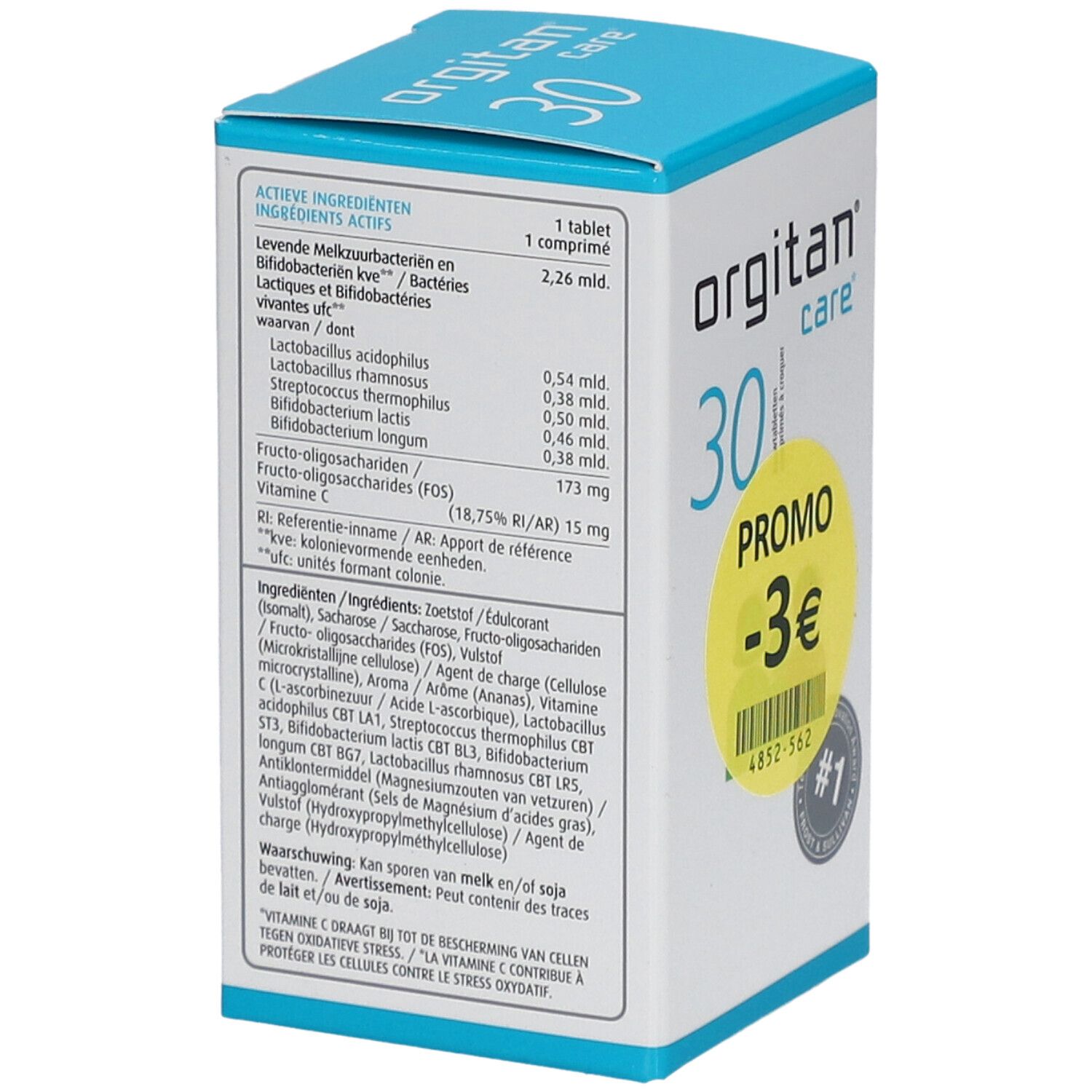 Rückseite der Orgitan Care 30 Tabletten-Packung. Enthält Inhaltsstoffe und Nährwertangaben. Weiß, blau.