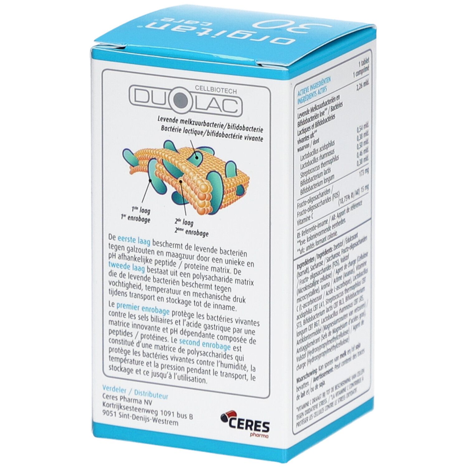 Rückseite der Orgitan Care 30 Tabletten-Packung. Enthält Inhaltsstoffe und Nährwertangaben. Weiß, blau.