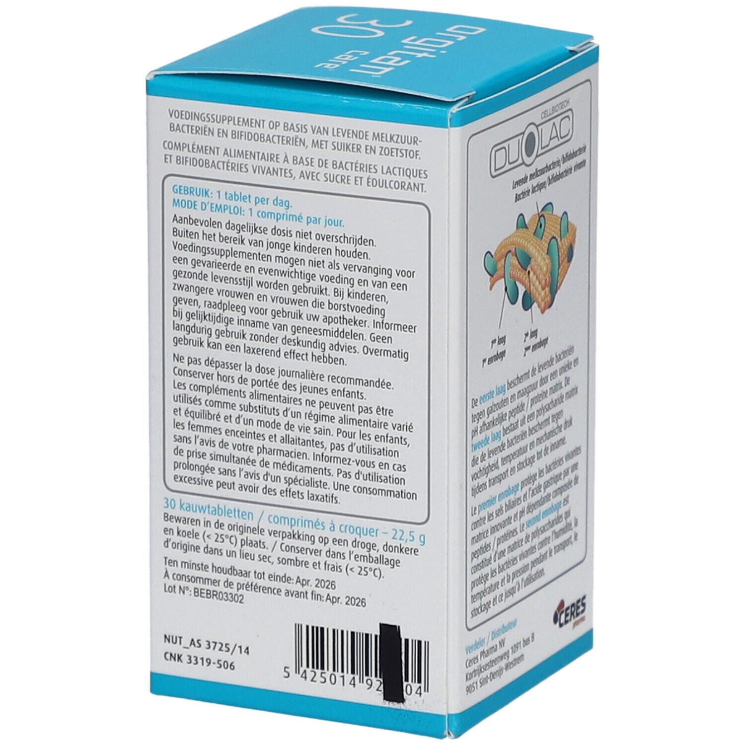 Rückseite der Orgitan Care 30 Tabletten-Packung. Enthält Inhaltsstoffe und Nährwertangaben. Weiß, blau.