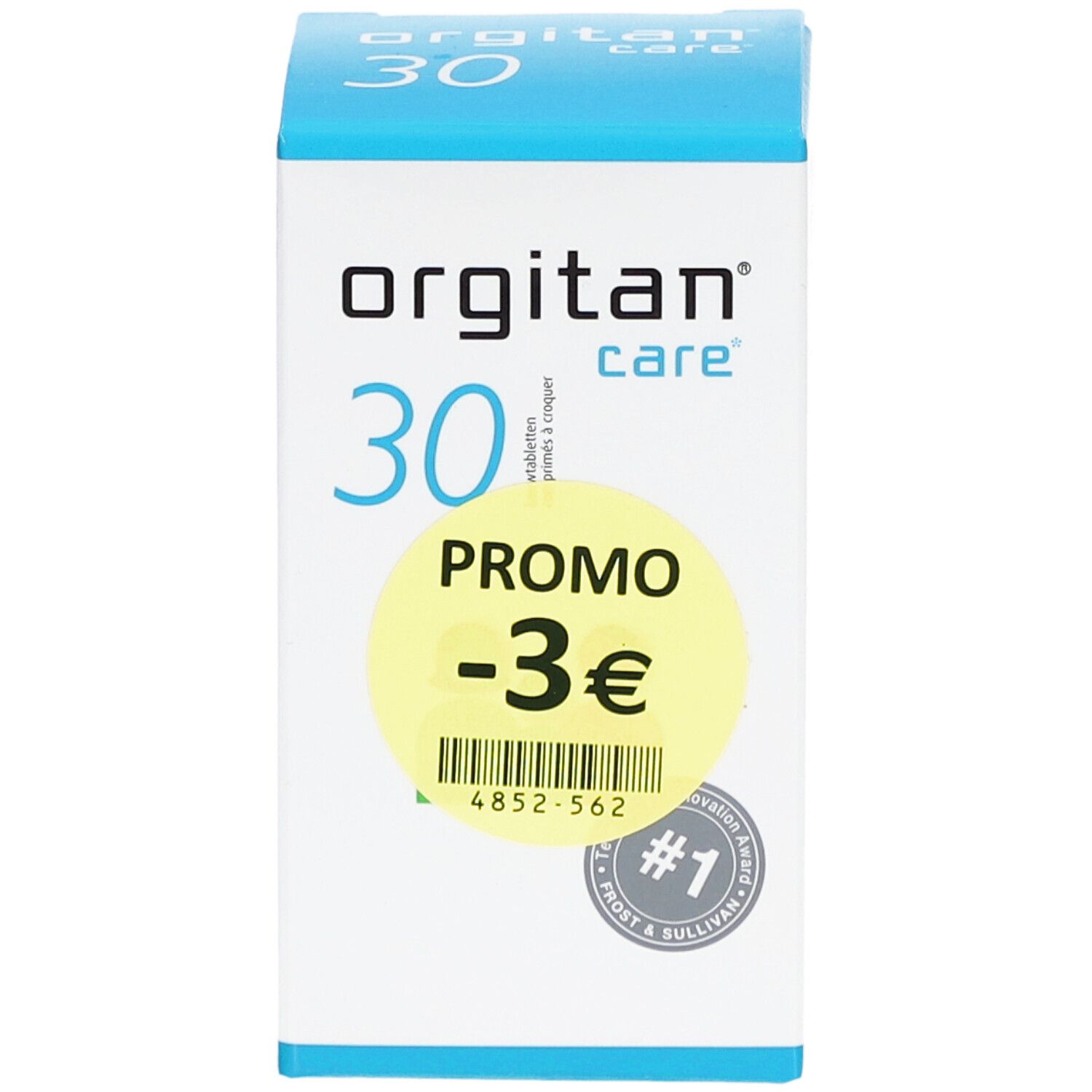 Orgitan Care 30 Tabletten-Packung. Weiß, blau und gelb. Mit Promo-Aufkleber -3€ und #1-Zertifizierung.