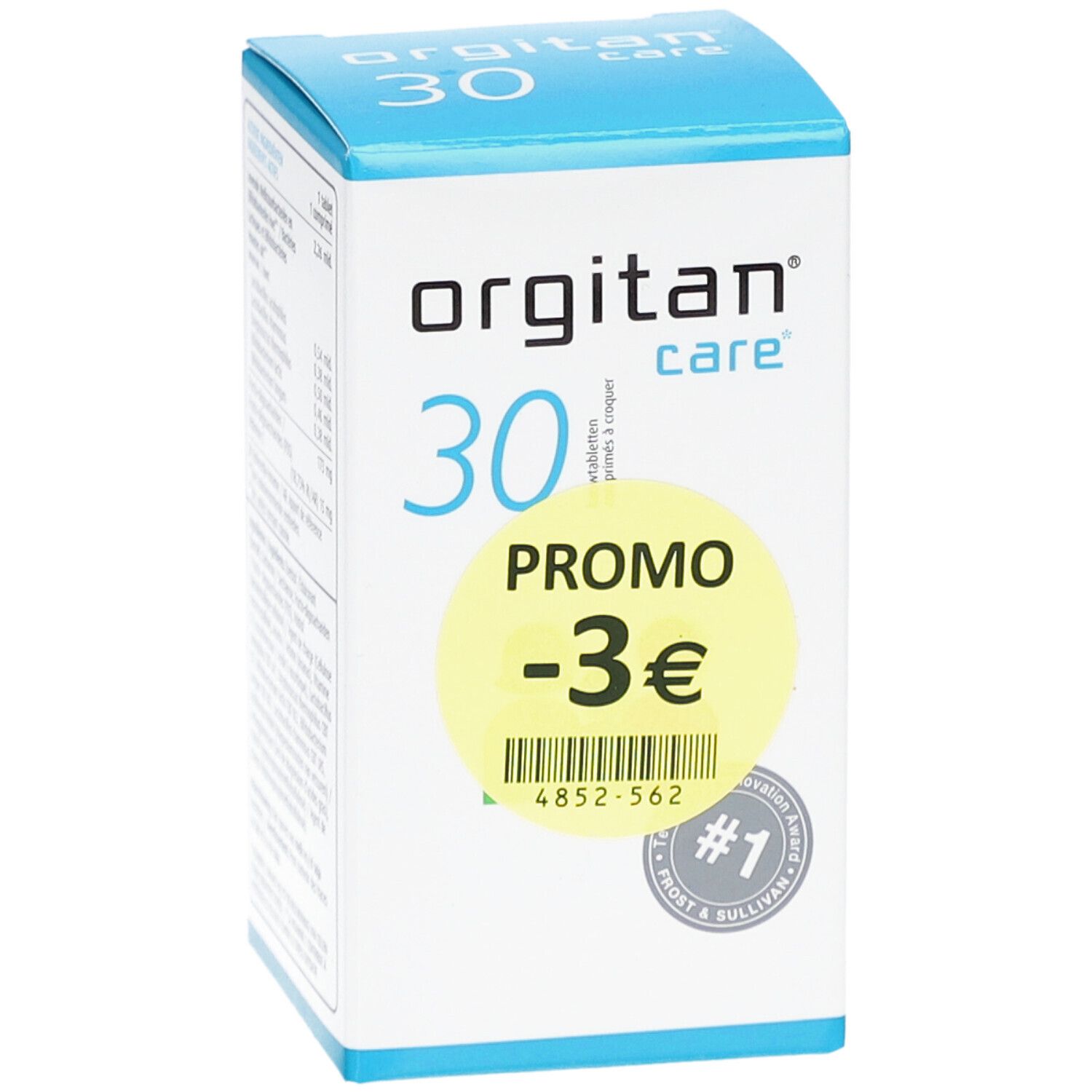 Orgitan Care 30 Tabletten-Packung. Weiß, blau und gelb. Mit Promo-Aufkleber -3€ und #1-Zertifizierung.