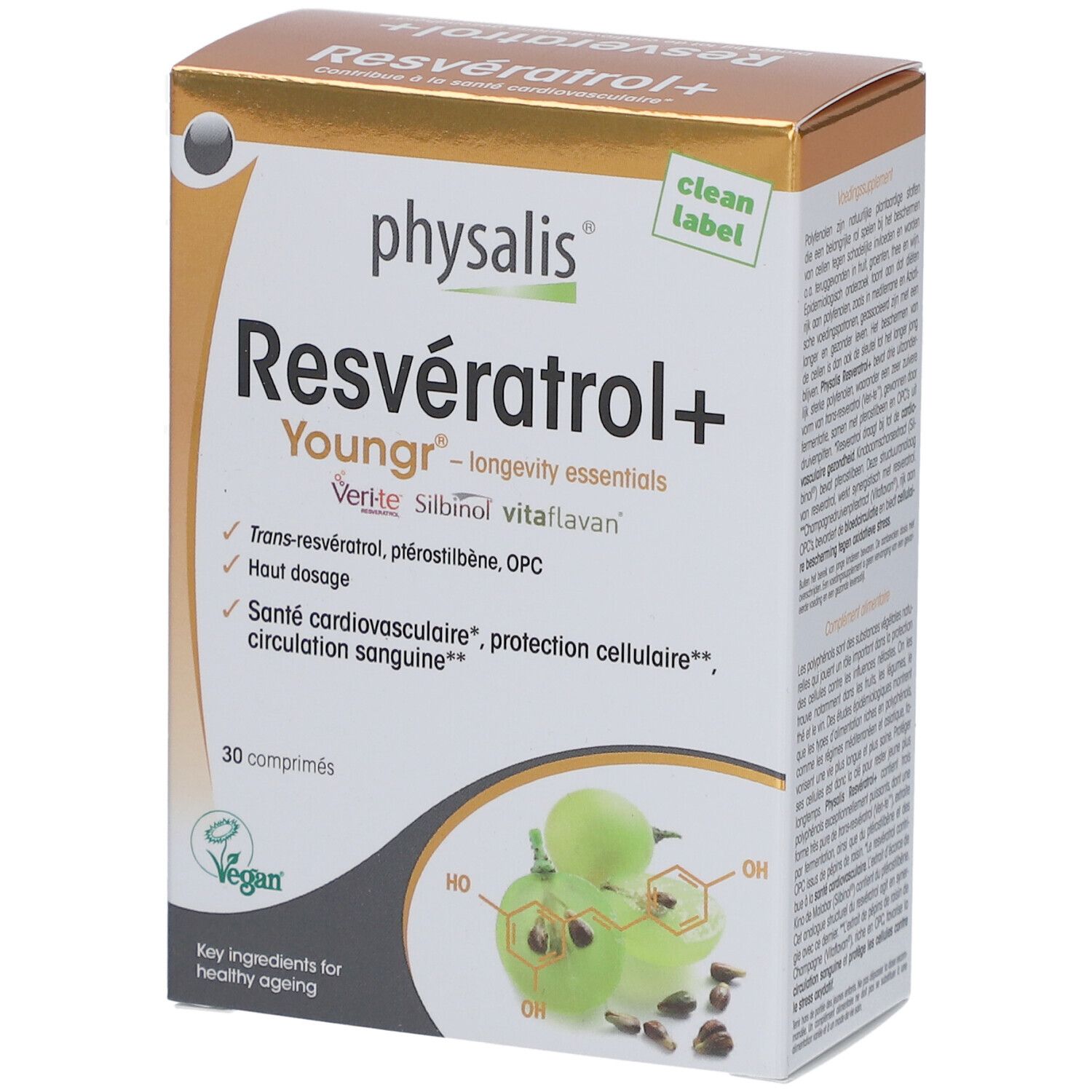 Kartonverpackung mit Produktnamen und Logo. Enthält 30 Tabletten. Vegan-Siegel.