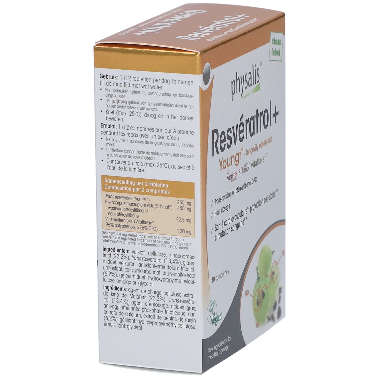 Kartonverpackung mit Produktinformationen. Enthält Inhaltsstoffe und Dosierung. Vegan-Siegel.