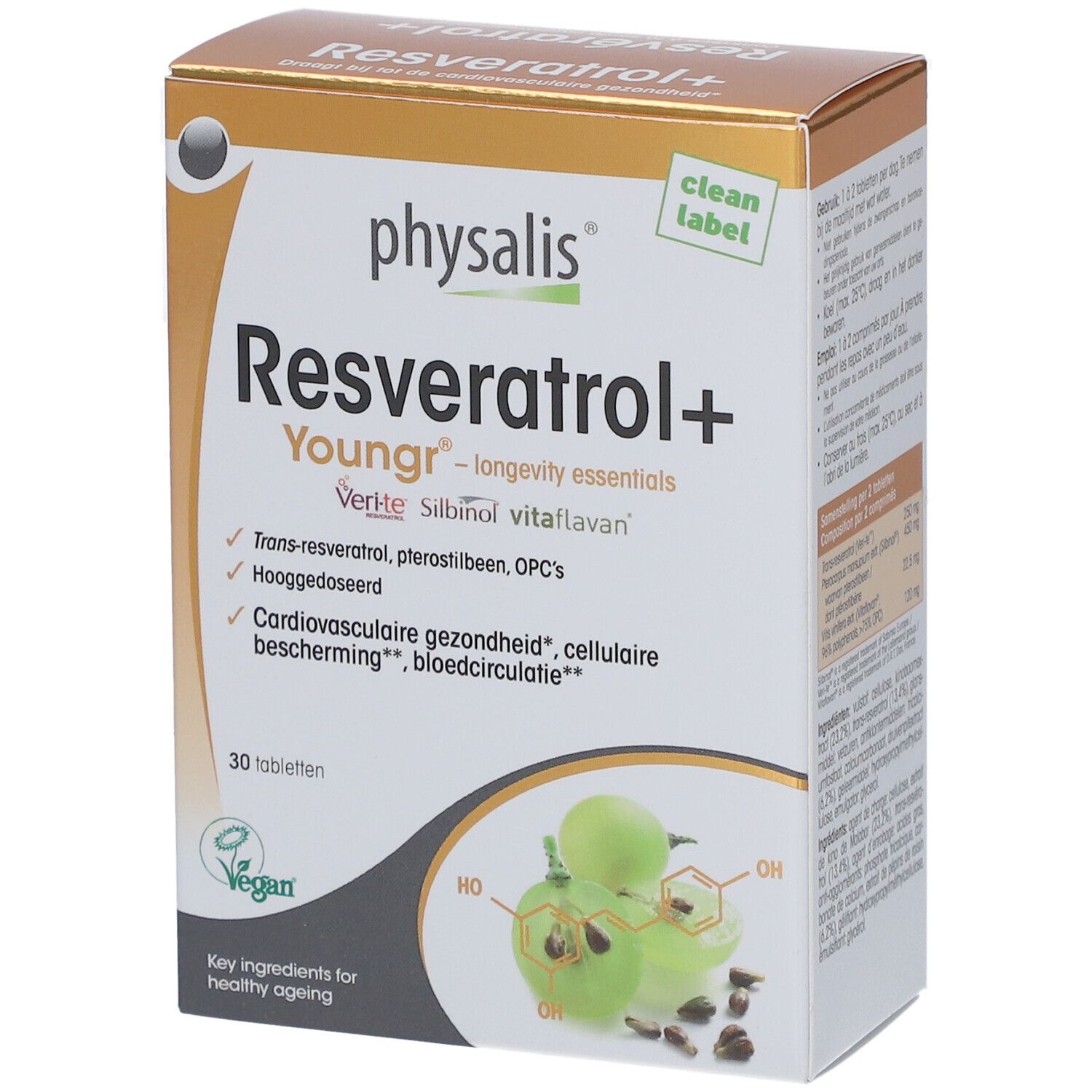 Kartonverpackung mit Produktnamen und Logo. Enthält 30 Tabletten. Vegan-Siegel.