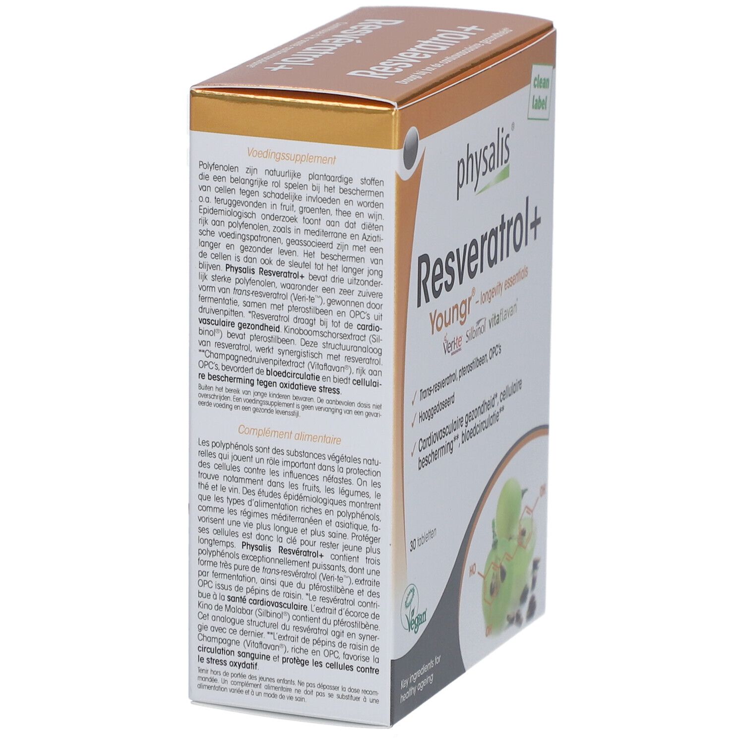 Kartonverpackung mit Produktinformationen. Enthält Inhaltsstoffe und Dosierung. Vegan-Siegel.