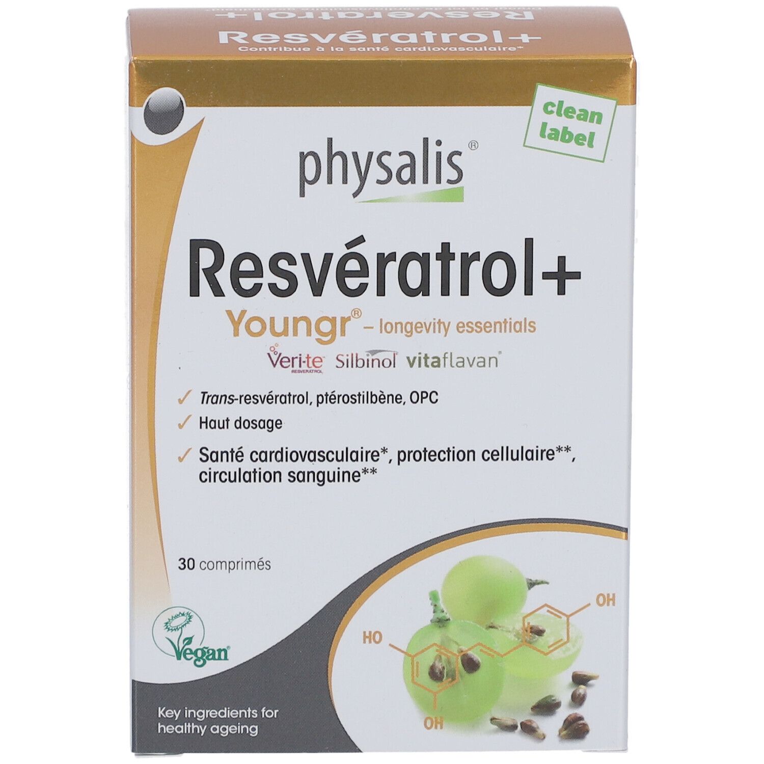 Kartonverpackung mit Produktnamen und Logo. Enthält 30 Tabletten. Vegan-Siegel.