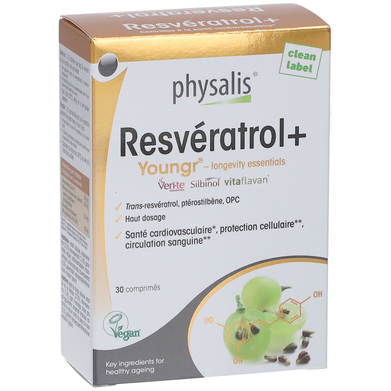 Kartonverpackung mit Produktnamen und Logo. Enthält 30 Tabletten. Vegan-Siegel.