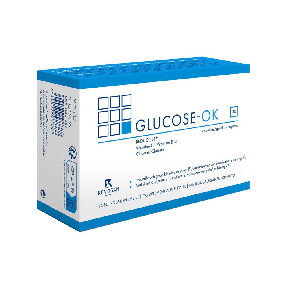 Schachtel "GLUCOSE-OK" in blau-weiß. Marke Revogan. Produktabbildung.