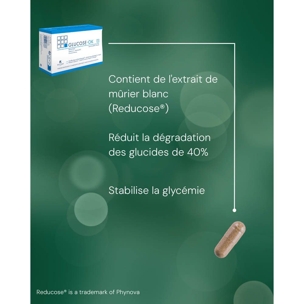 Gélule avec indication des ingrédients. Contient mûrier, cannelle, chrome, Vit C, B12.