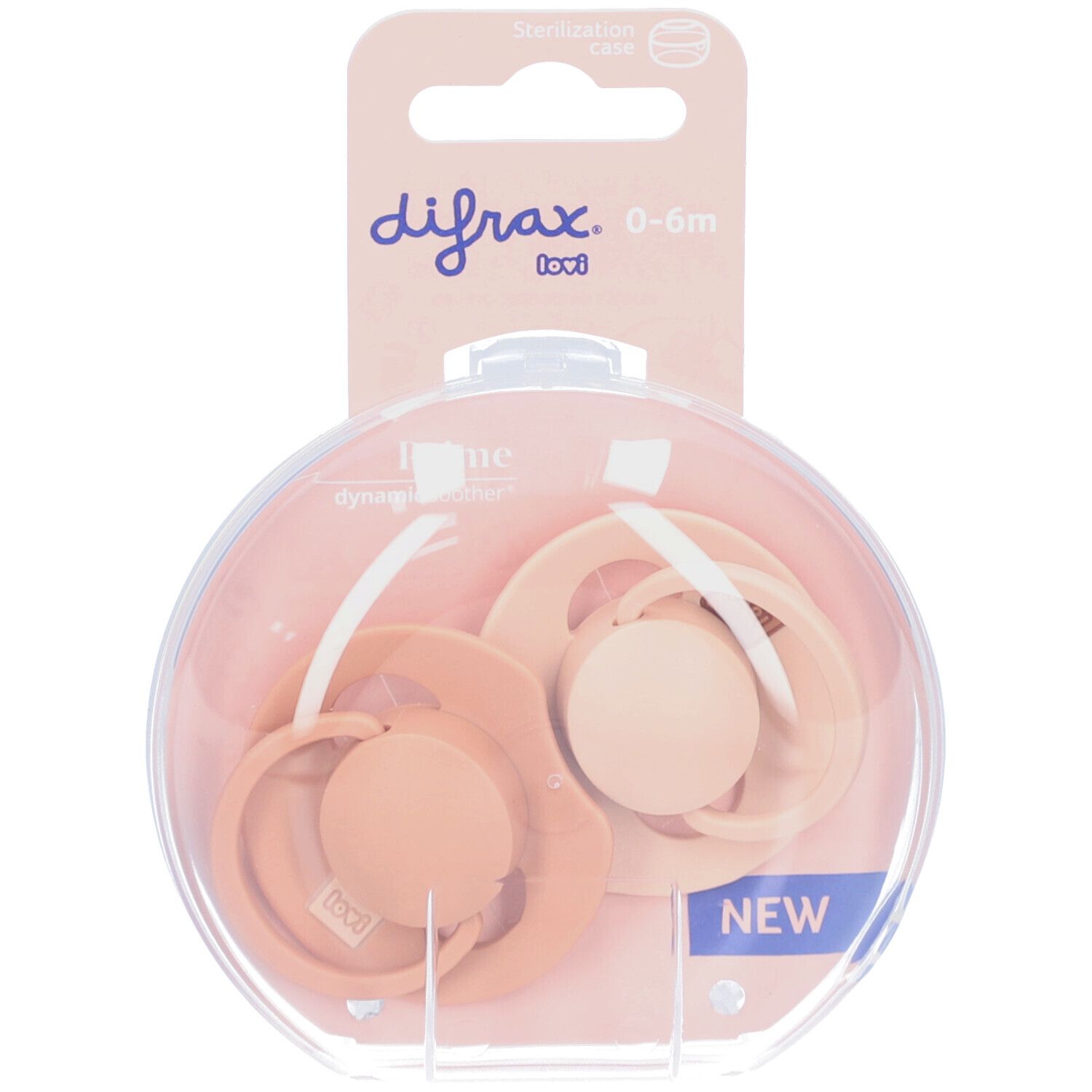 Zwei Schnuller in rosa Verpackung. Marke: Difrax. Alter: 0-6 Monate. Mit Sterilisationsbox.
