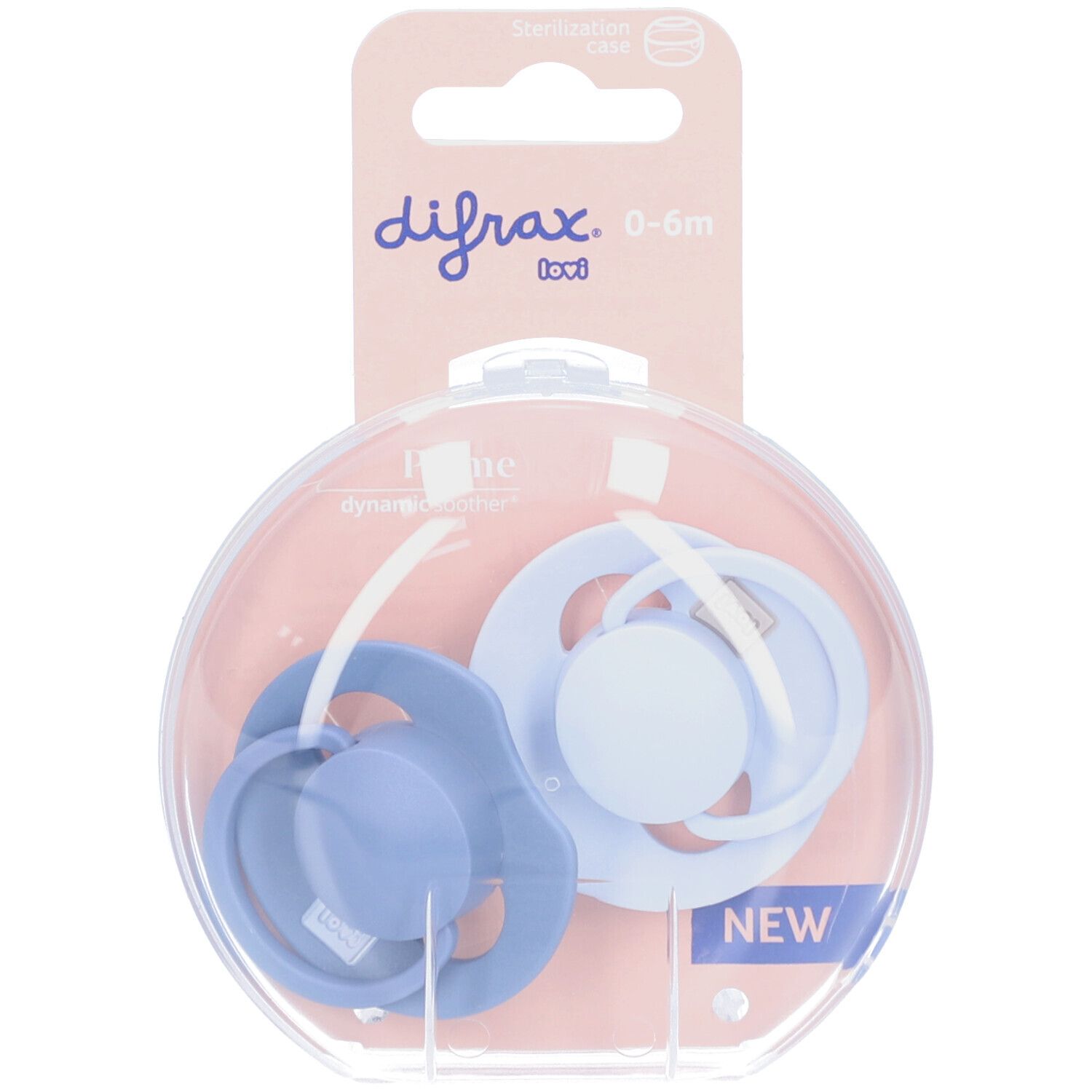 Deux sucettes bleues et bleu clair dans un emballage transparent. Marque: Difrax. Âge: 0-6 mois.