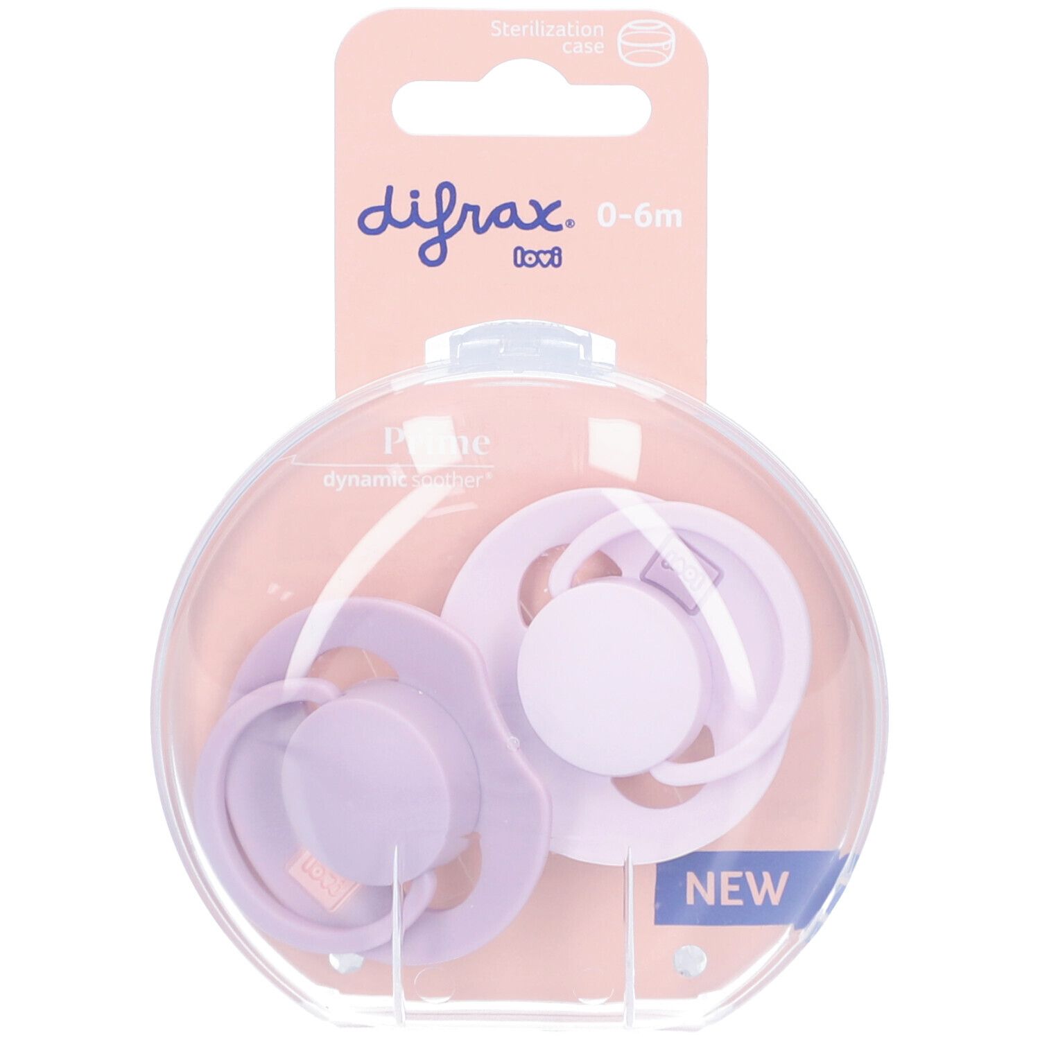 Deux sucettes violettes dans un emballage transparent. Le nom "difrax" et "0-6m" sont visibles.