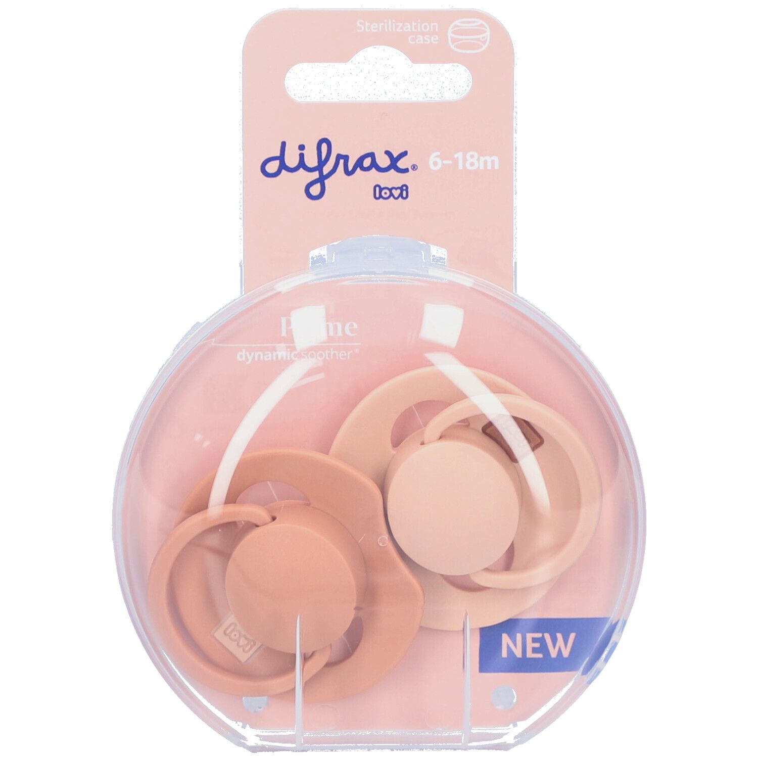 Deux sucettes roses dans un étui rond. La marque et l'indication d'âge 6-18M sont visibles.