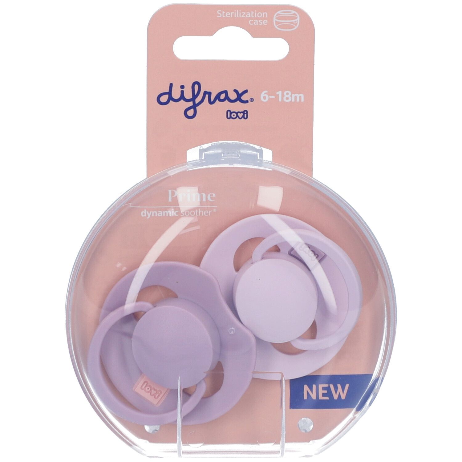 Deux sucettes lilas dans un emballage rond transparent. L'emballage porte la mention "Difrax" et "6-18m".