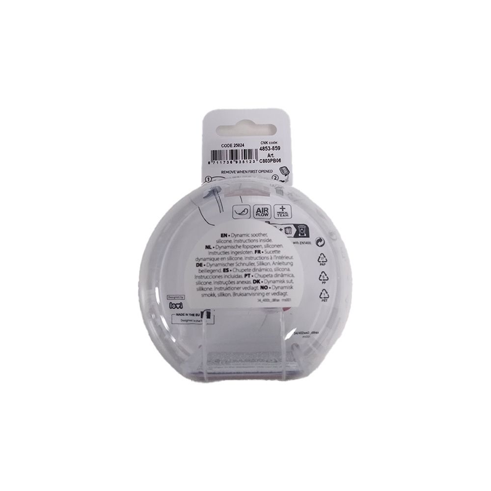 Verpackung mit Schnuller. Transparente, runde Verpackung mit Produktinformationen und einem Schnuller. Rückseite mit Text und Symbolen.