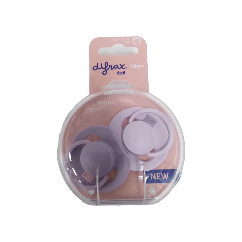 Zwei lilafarbene Schnuller in einer runden, transparenten Verpackung. Auf der Verpackung steht 'difrax' und 'Prime'.