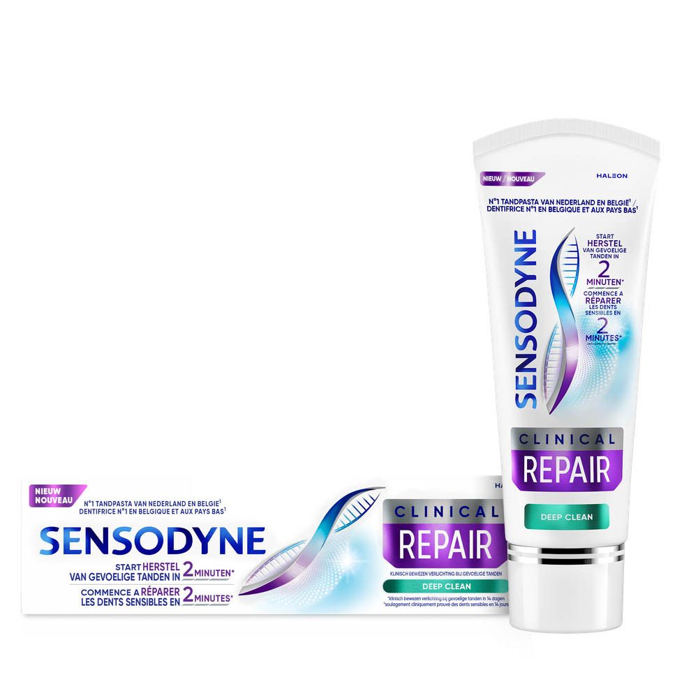 Zahncreme-Packung und Tube. Sensodyne Clinical Repair. Weiß, lila und blau. Text: Startet die Reparatur empfindlicher Zähne in 2 Minuten.