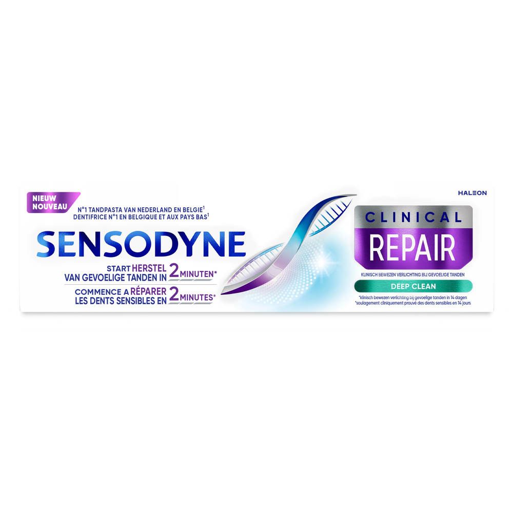 Zahncreme-Tube. Sensodyne Clinical Repair. Weiß-lila Design. Text: Repariert empfindliche Zähne in 2 Minuten.