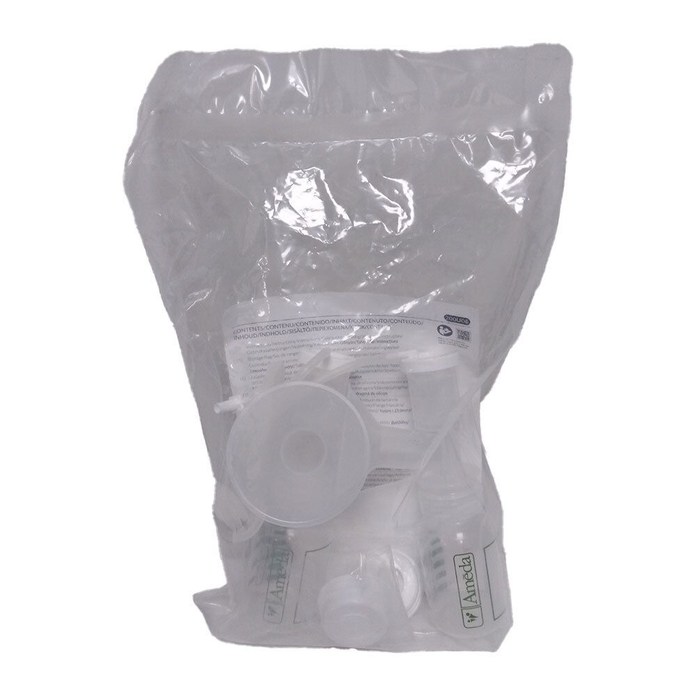 Unsteriles Pumpset in transparenter Verpackung. Enthält Trichter, Flaschen und weitere Komponenten. Ameda-Logo sichtbar.