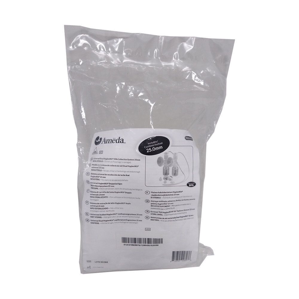 Verpackung mit Pumpset, 25 mm. Enthält Komponenten in transparenter Verpackung. Ameda-Logo und Produktinformationen sichtbar.