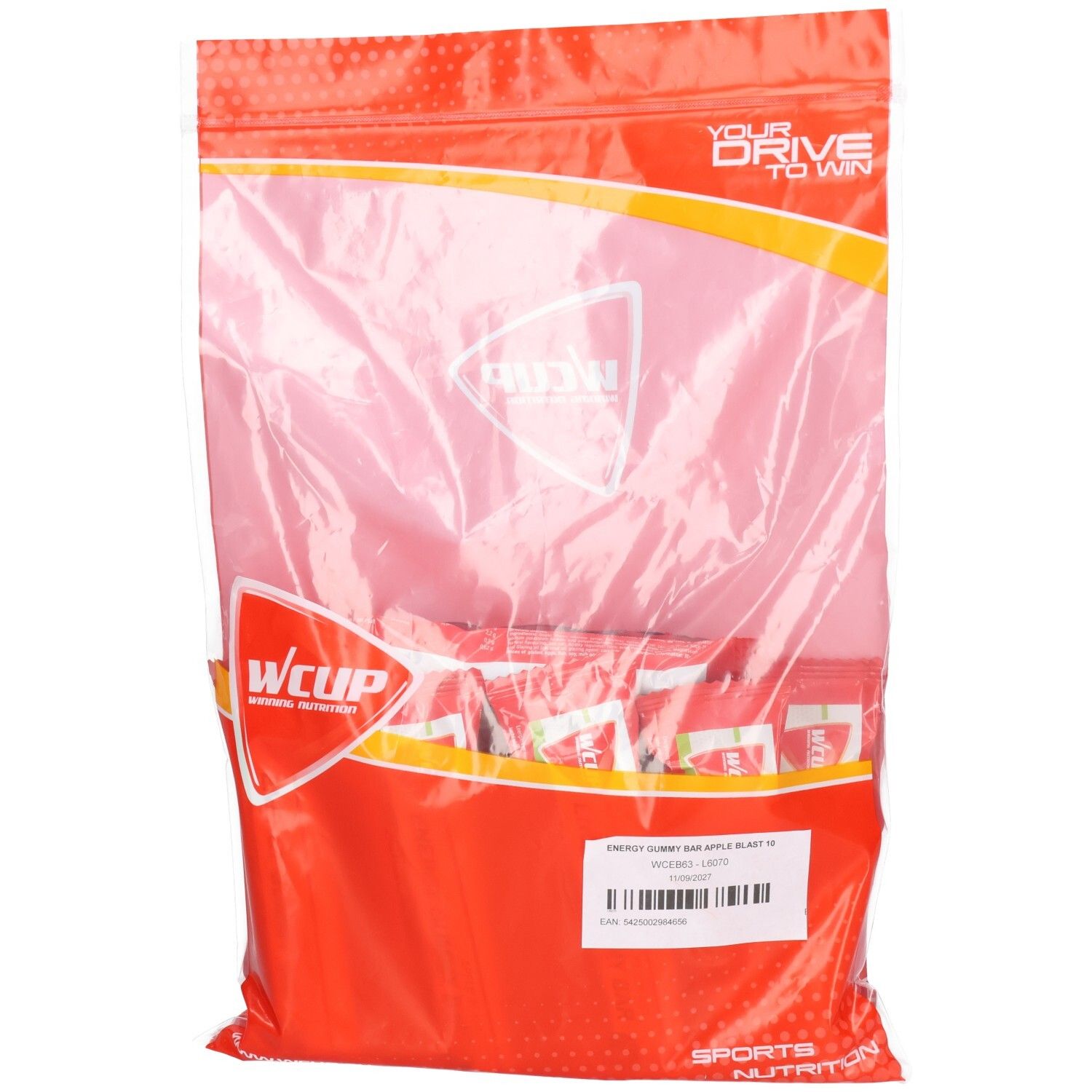 Transparente Verpackung mit roten Einzelverpackungen. Wcup-Logo und Text. Aufkleber mit Produktinformationen.