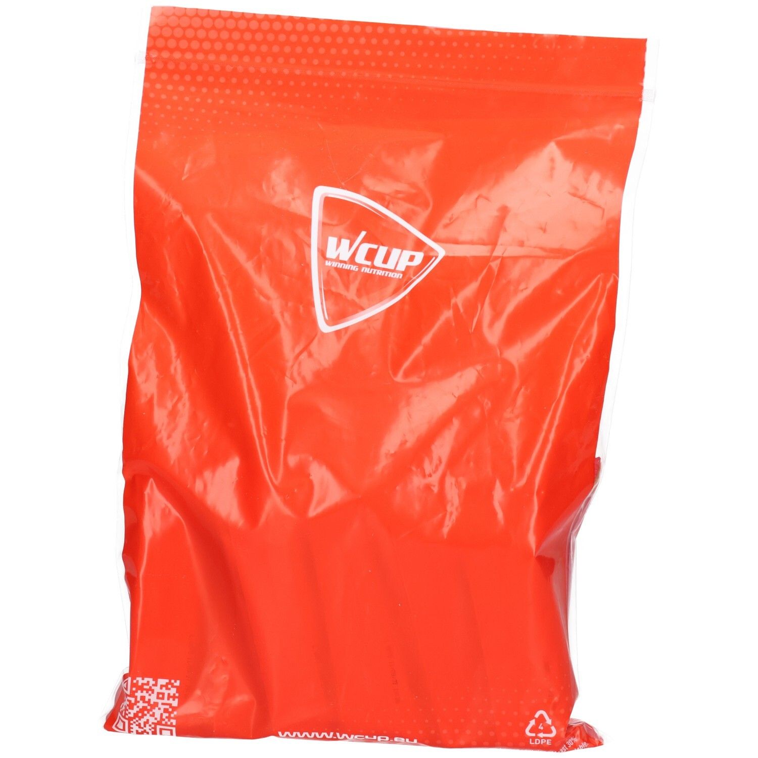 Rote Verpackung mit Wcup-Logo. Kunststoffverpackung mit Zip-Verschluss.