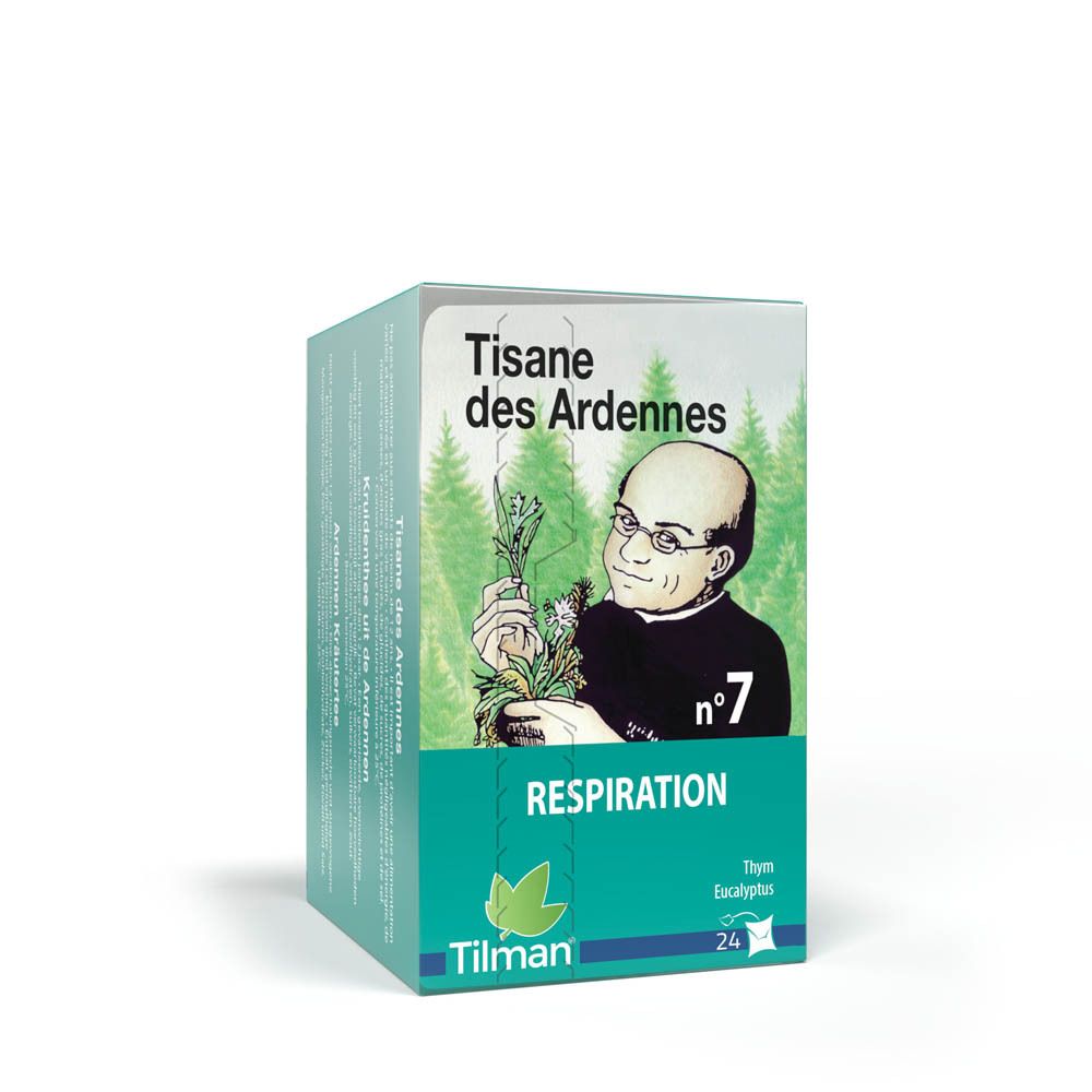 Boîte de tisane avec illustration d'une personne tenant des herbes. Texte: Respiration, n°7, Tilman, 24 sachets.