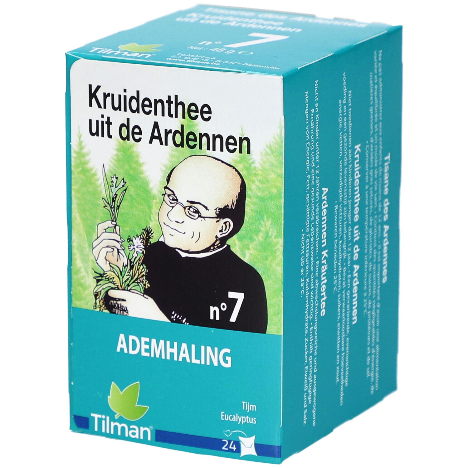 Kruidenthee-Verpackung mit Abbildung einer Person, die Kräuter hält. Text: Ademhaling, Nr. 7, Tilman, 24 Beutel.