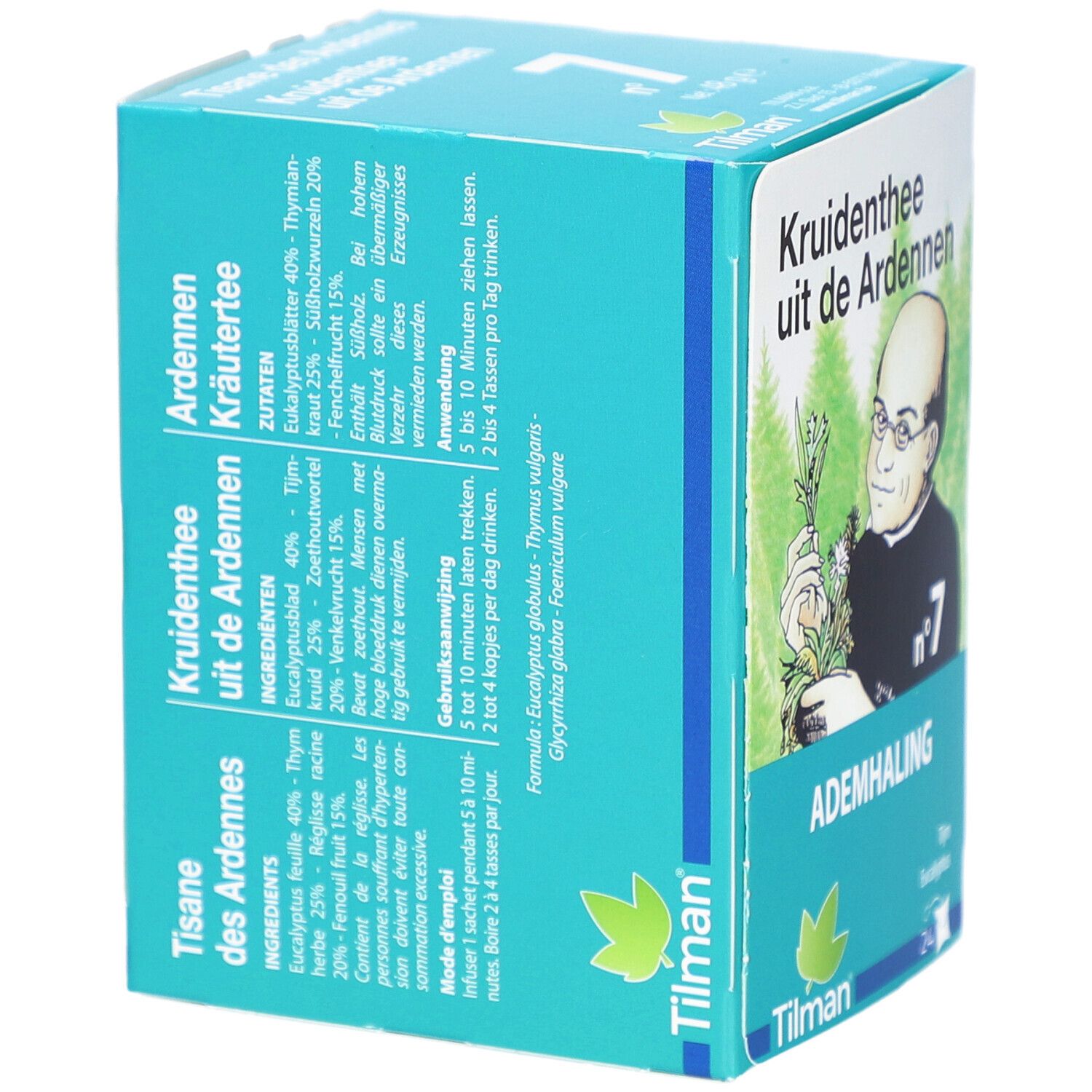 Kruidenthee-Verpackung mit Text und Abbildung einer Person mit Kräutern. Text: Ademhaling, Nr. 7, Tilman, 24 Beutel.