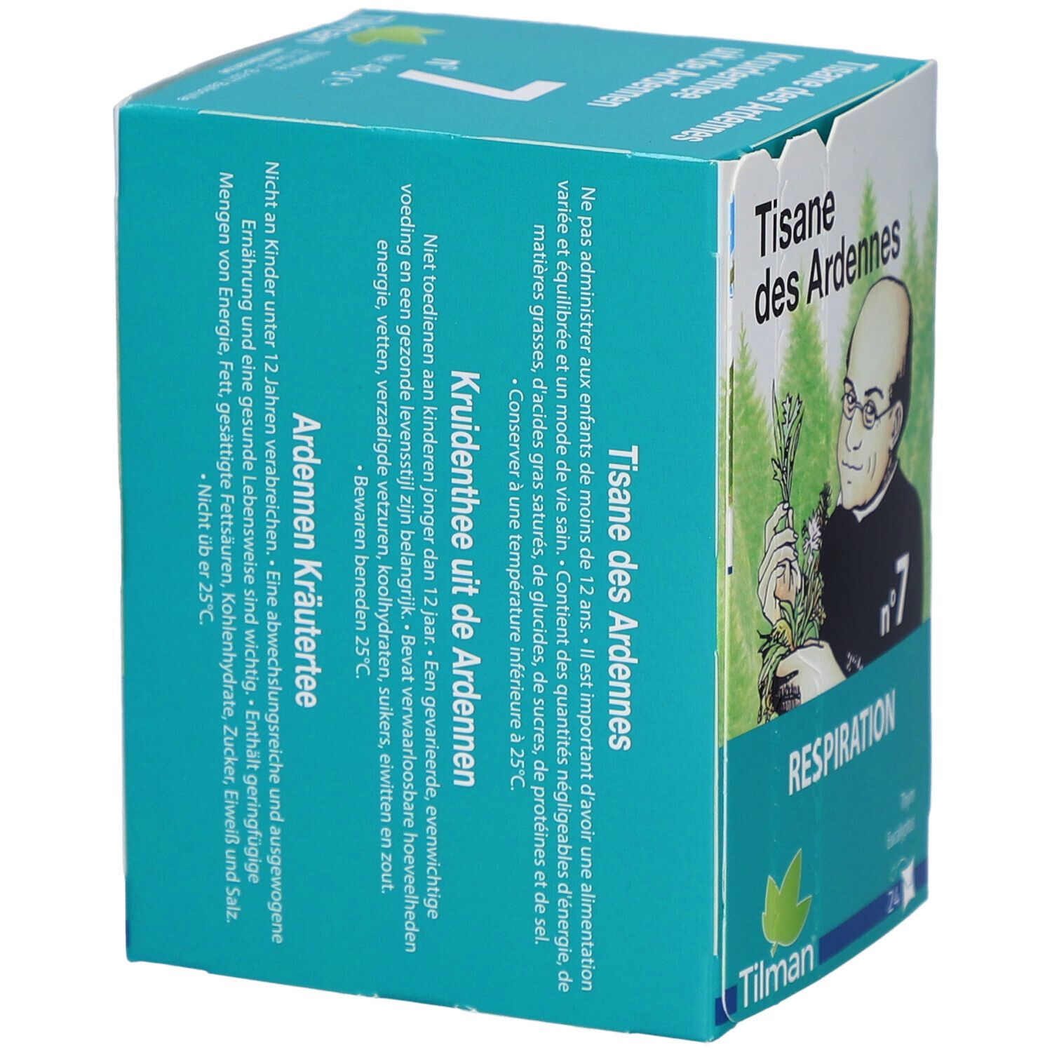 Kruidenthee-Verpackung mit Text und Abbildung einer Person mit Kräutern. Text: Ademhaling, Nr. 7, Tilman, 24 Beutel.