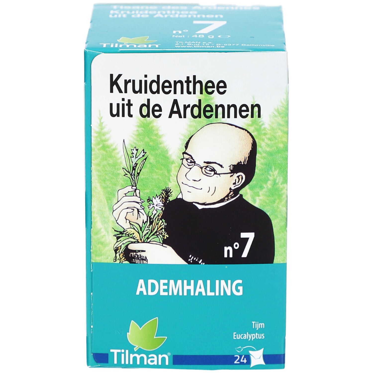 Kruidenthee-Verpackung mit Text und Abbildung einer Person mit Kräutern. Text: Ademhaling, Nr. 7, Tilman, 24 Beutel.