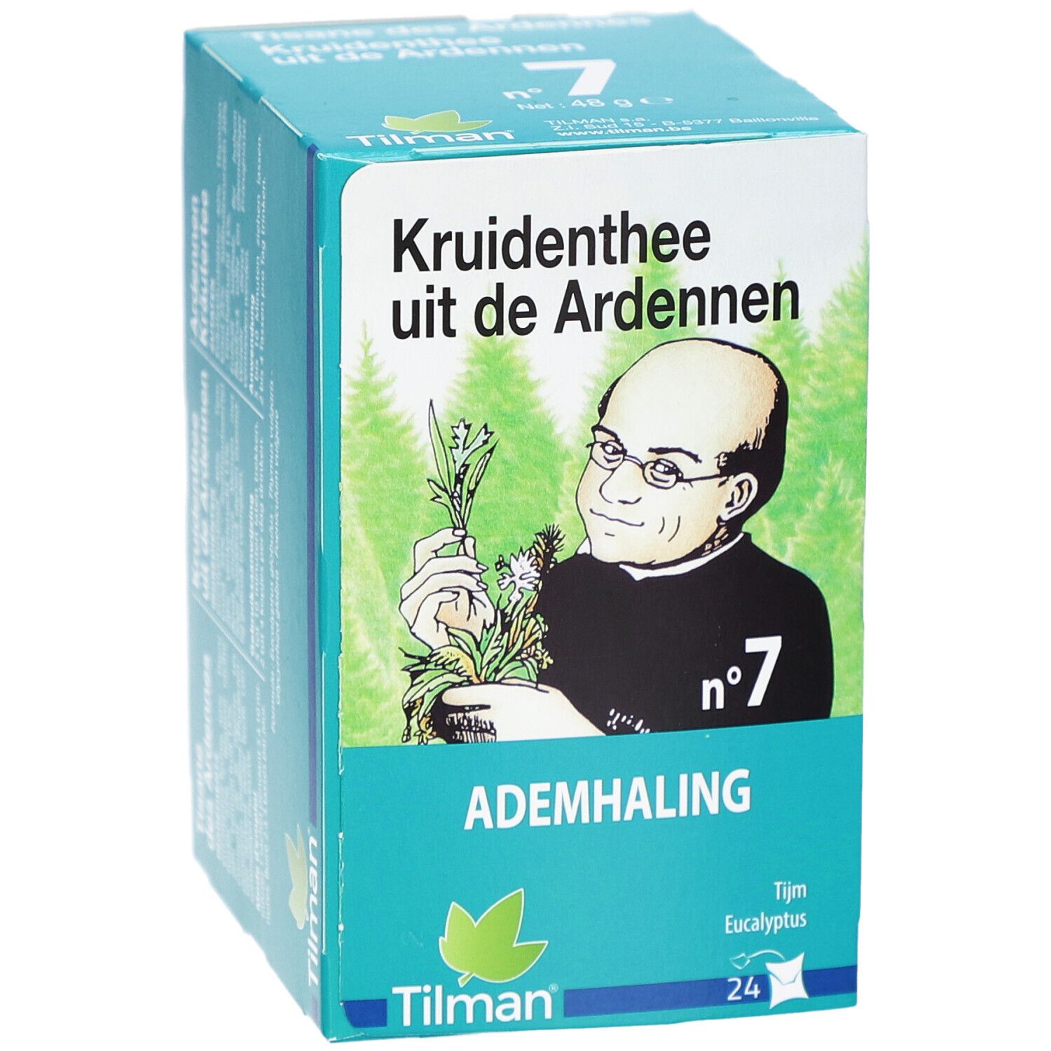 Kruidenthee-Verpackung mit Text und Abbildung einer Person mit Kräutern. Text: Ademhaling, Nr. 7, Tilman, 24 Beutel.