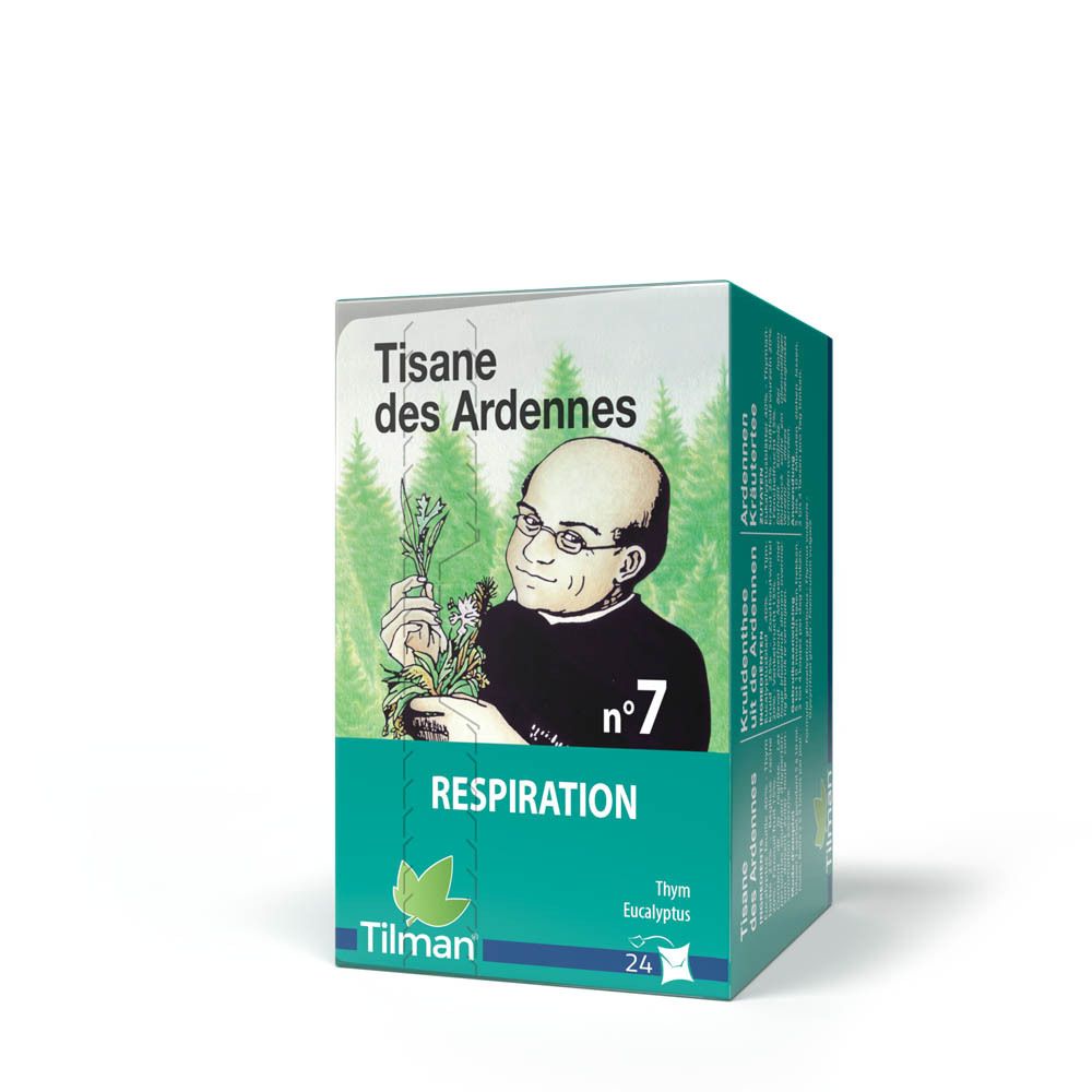 Boîte de tisane avec illustration d'une personne tenant des herbes. Texte: Respiration, n°7, Tilman, 24 sachets.
