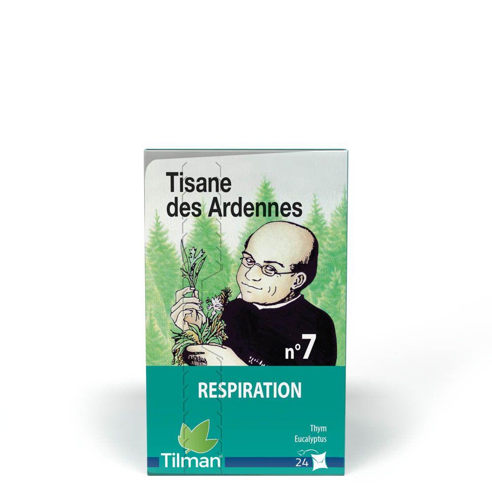 Boîte de tisane avec illustration d'une personne tenant des herbes. Texte: Respiration, n°7, Tilman, 24 sachets.