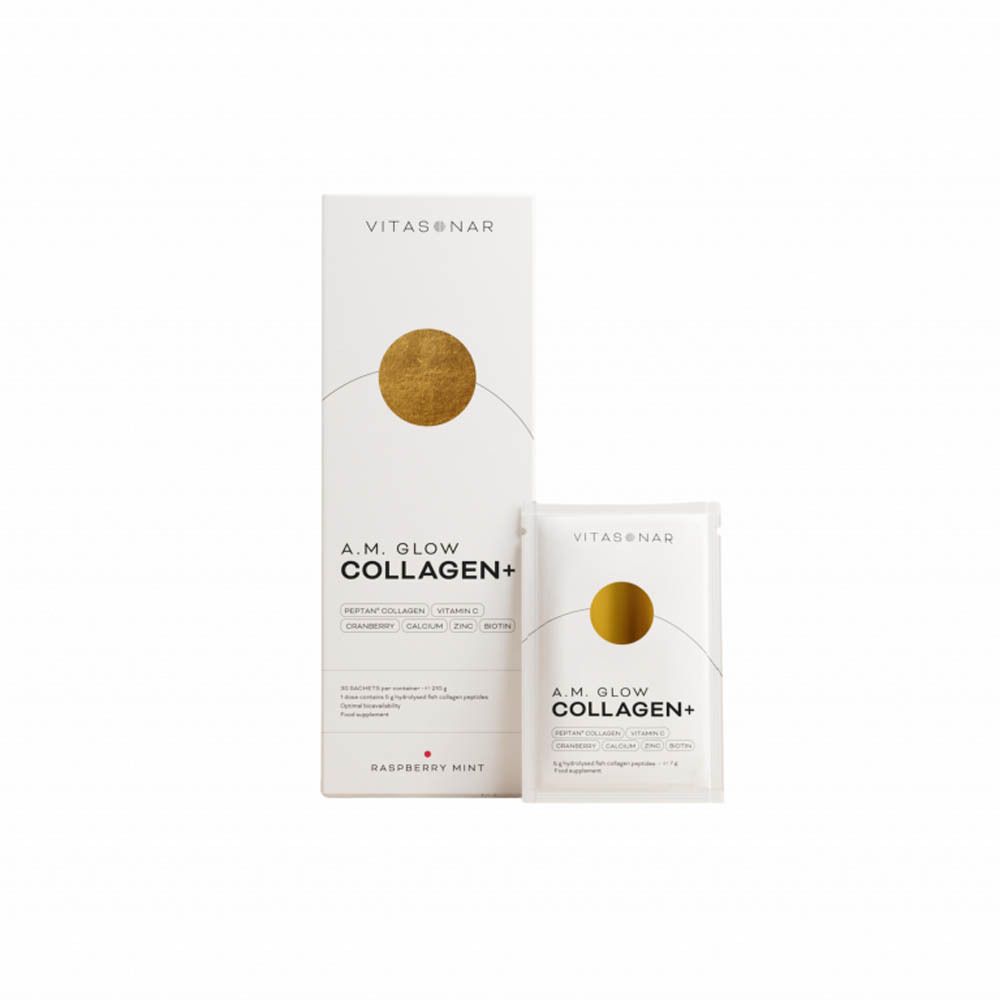 Emballage du produit: boîte et sachet individuel. Inscription: A.M. GLOW COLLAGEN+. Ingrédients: Peptan Collagen, Cranberry, Calcium, Zinc, Biotine.