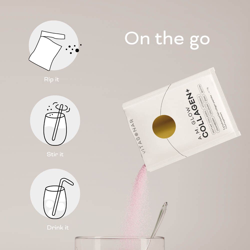 Préparation du produit. Le sachet est versé dans un verre d'eau. Texte: Rip it, Stir it, Drink it.
