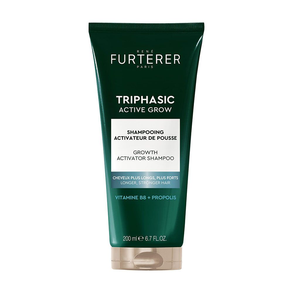 Grüner René Furterer Triphasic Active Grow Shampoo-Tube. Text: Triphasic Active Grow, Shampooing Activateur de pousse.