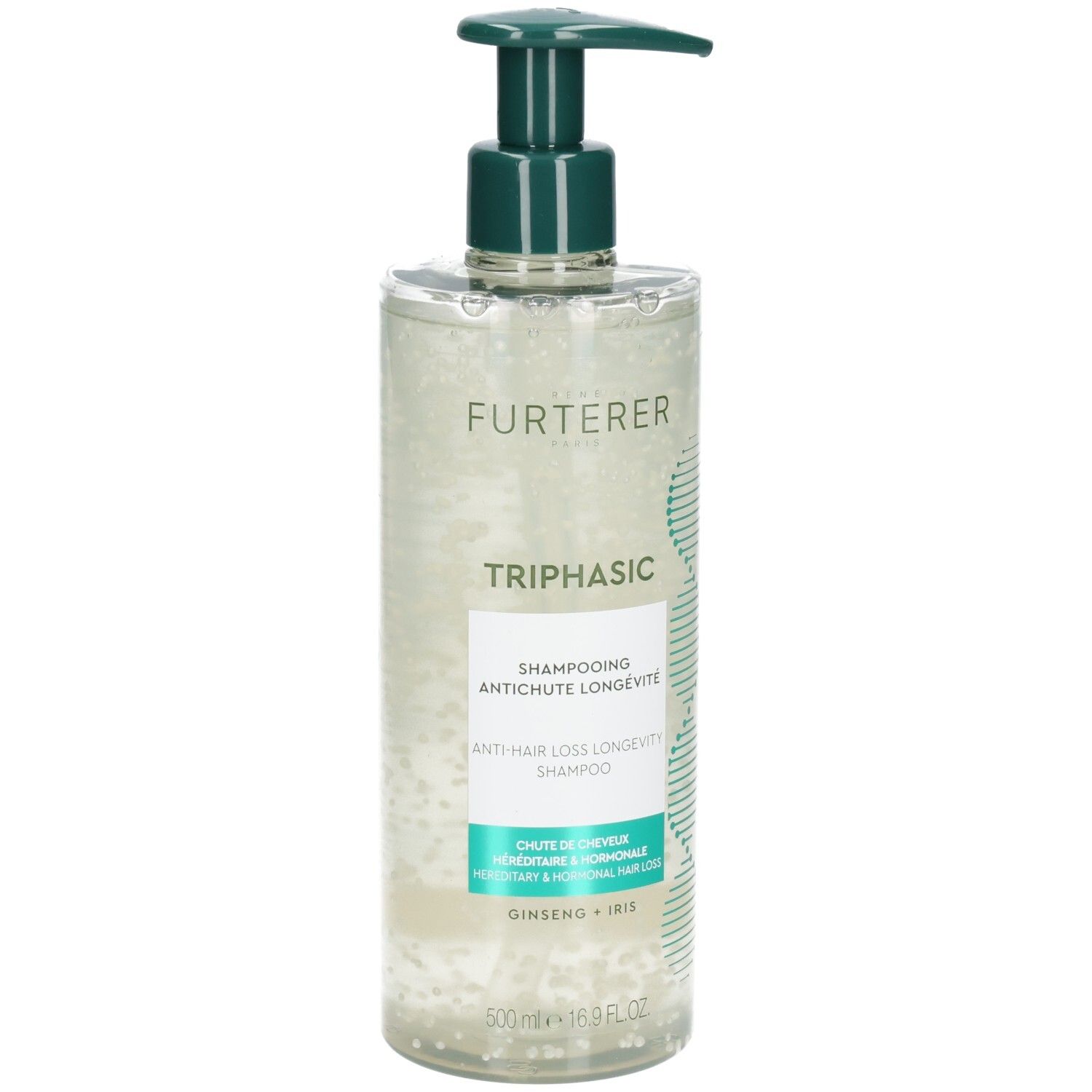 Shampoo-Flasche mit Pumpe. Klar, mit weißen Kügelchen. Text: Furterer Triphasic Shampoo.