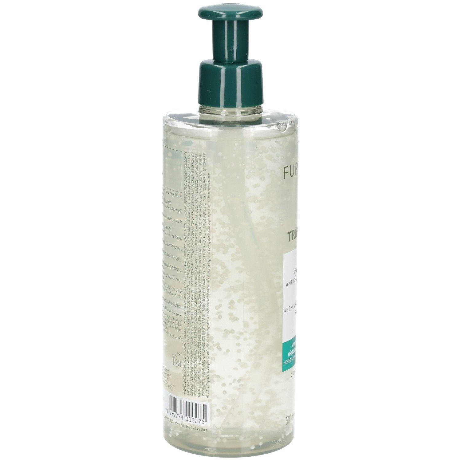 Rückseite der Shampoo-Flasche. Text: Inhaltsstoffe, Herstellerinformationen, Barcode.