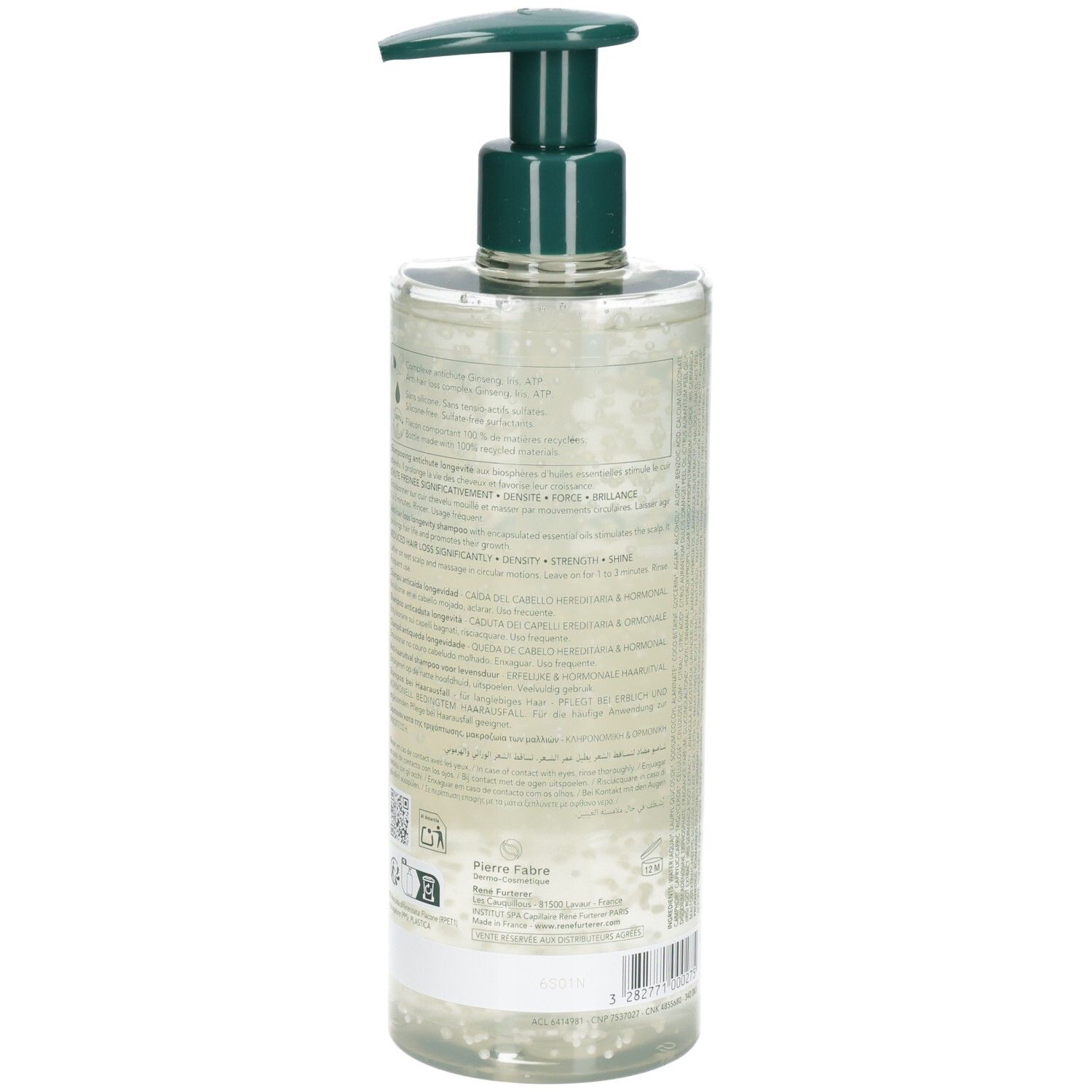 Rückseite der Shampoo-Flasche. Text: Inhaltsstoffe, Herstellerinformationen, Barcode.