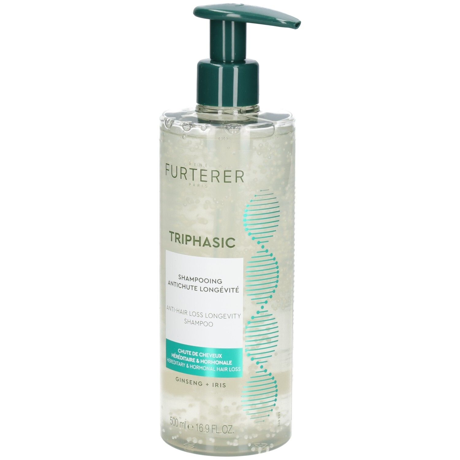Shampoo-Flasche mit Pumpe. Klar, mit weißen Kügelchen. Text: Furterer Triphasic Shampoo.