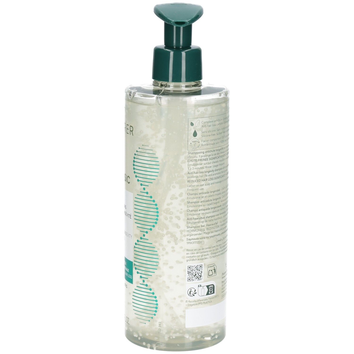 Rückseite der Shampoo-Flasche. Text: Inhaltsstoffe, Herstellerinformationen, Barcode.