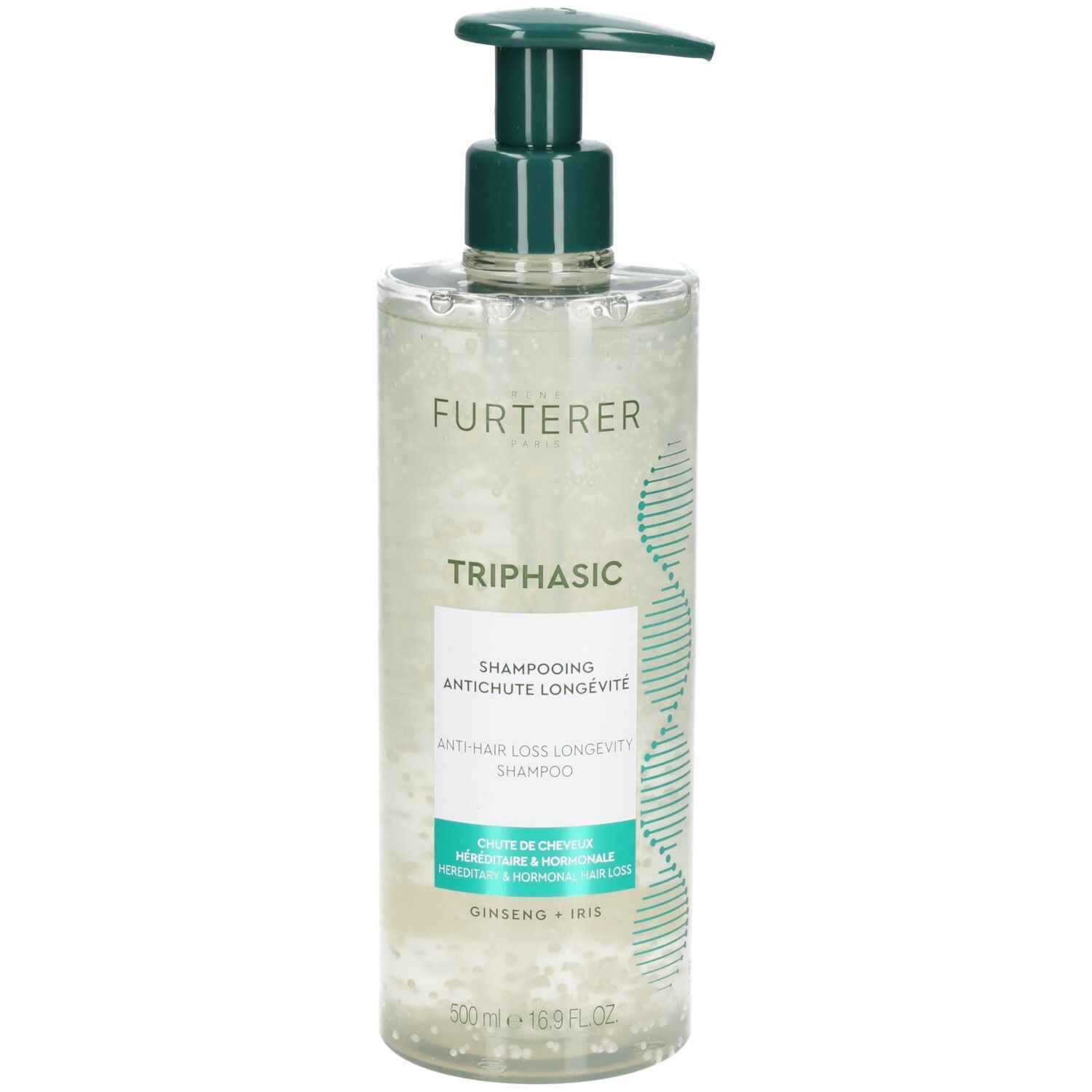 Shampoo-Flasche mit Pumpe. Klar, mit weißen Kügelchen. Text: Furterer Triphasic Shampoo.